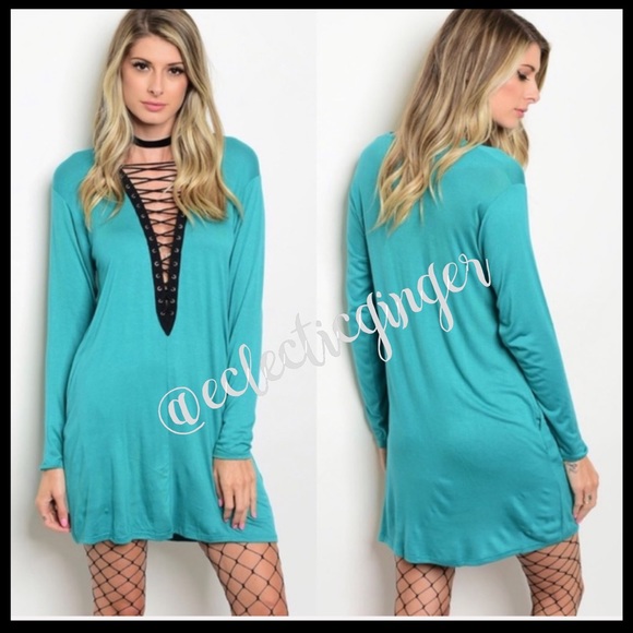 Aqua & black long sleeve lace up tunic/dress S - Picture 2 of 6